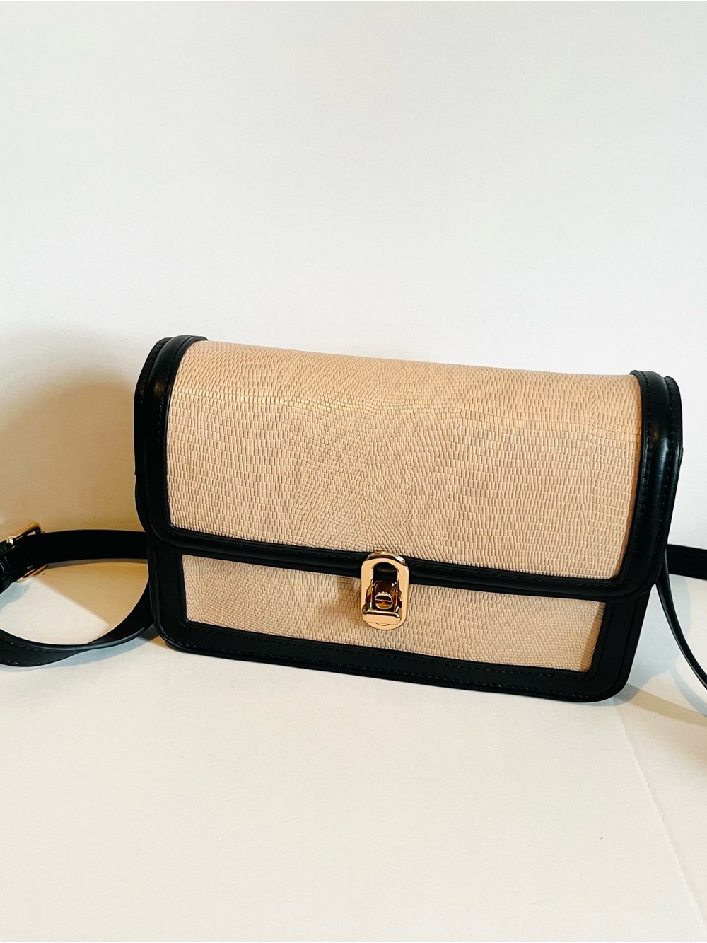Jules Kae Structured Beige and Black Crossbody Bag with Gold Hardware